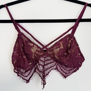 Express One Eleven Lace Bralette in Deep Burgundy with Contrasting Tan Mesh Band